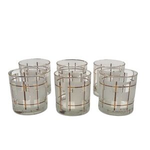 Vtg Libbey M. Petti Gold and Frost White Geometric Tumblers Set of 6 MCM 3 1/2"